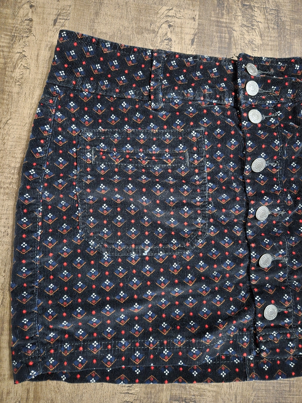 We The Free Black Corduroy Mini Skirt with Red & Blue Pattern Size 31 - Picture 4 of 8